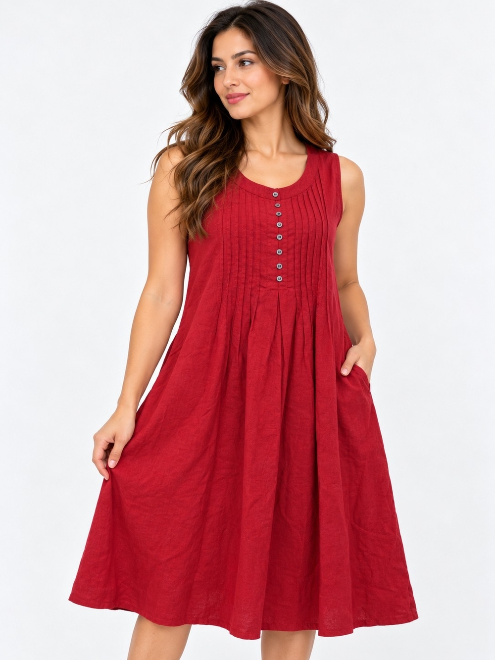Tribal Sleeveless Red Pintuck Button Midi Dress